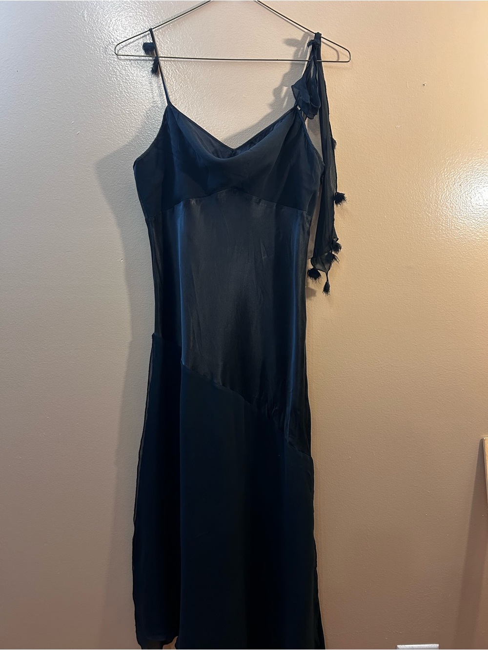 Women's Black Spaghetti Strap Slip Dress with Asymmetric Tie Straps